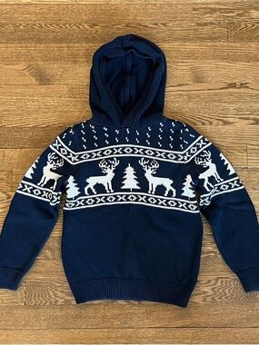 Old Navy Kids Reindeer Blue and White Knit Hooded Sweater Boys Size S (6/7)
